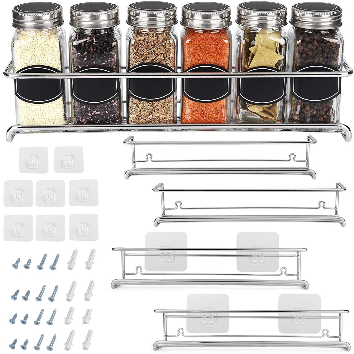 Order now spice rack organizer for cabinet door mount or wall mounted set of 4 chrome tiered hanging shelf for spice jars storage in cupboard kitchen or pantry display bottles on shelves in cabinets