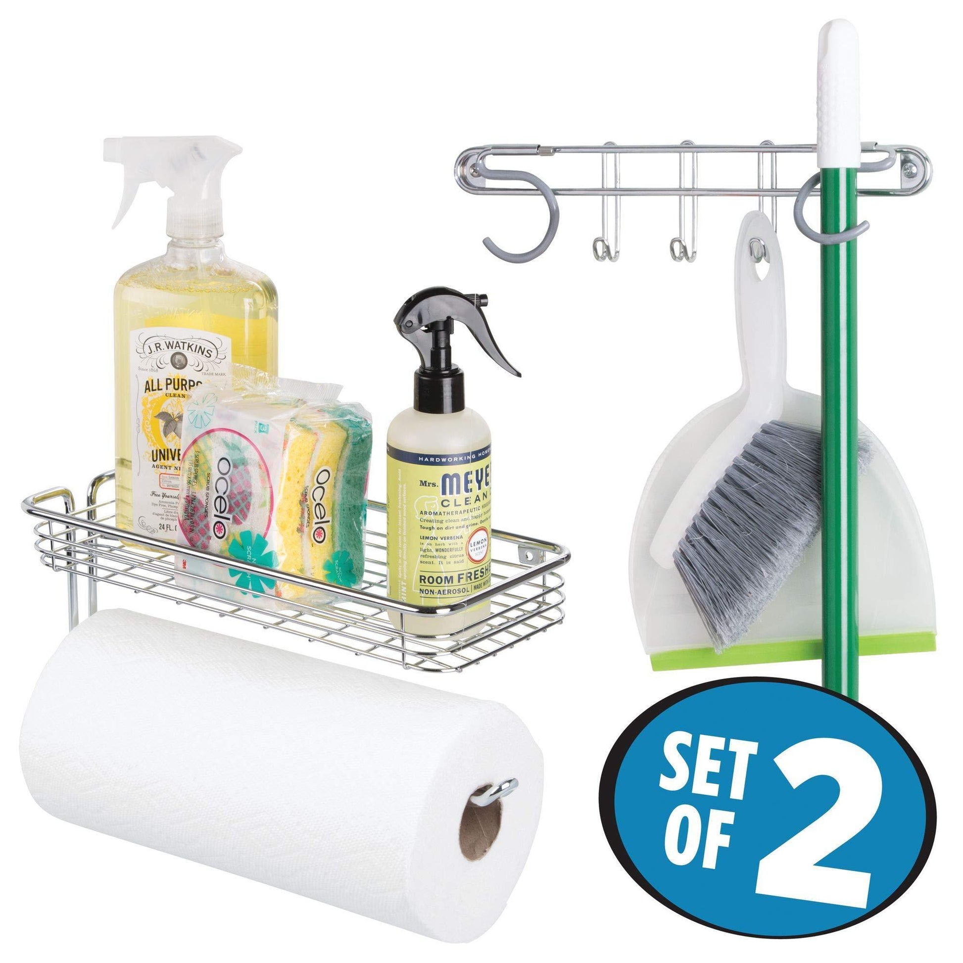 Shop here mdesign wall mount metal storage organizers for kitchen includes paper towel holder with multi purpose shelf and broom mop holder with 3 hooks for pantry laundry garage 2 piece set chrome