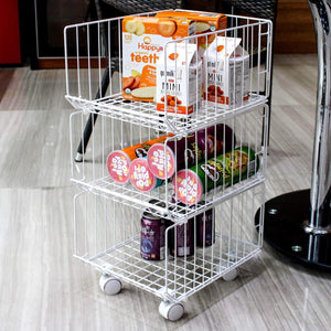 Explore pup joint metal wire baskets 3 tiers foldable stackable rolling baskets utility shelf unit storage organizer bin with wheels for kitchen pantry closets bedrooms bathrooms
