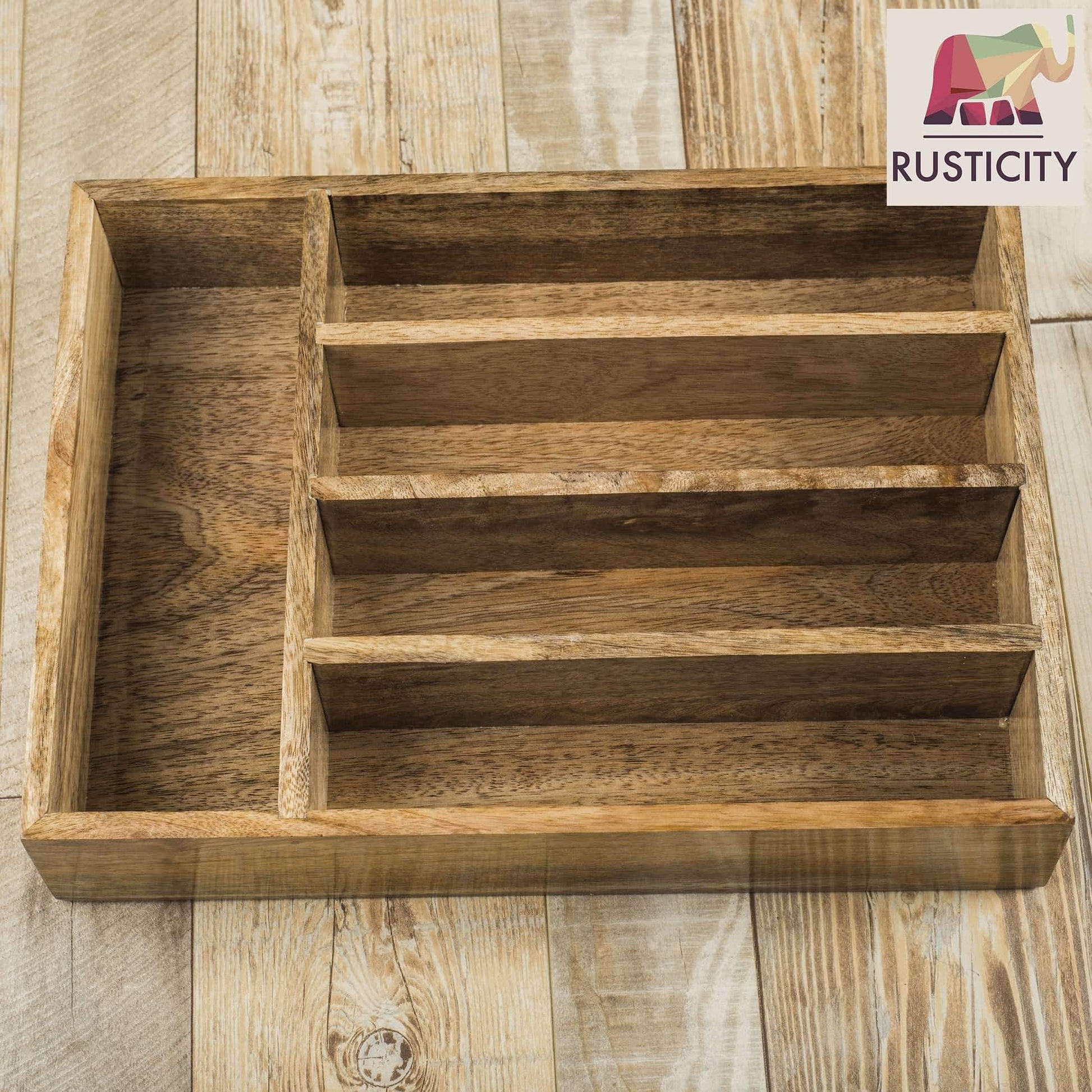 Save on rusticity wooden utensil drawer organizer with 5 compartments kitchen flatware cutlery tray organizer mango wood handmade 13 7 x 10 2 x 2 6 in