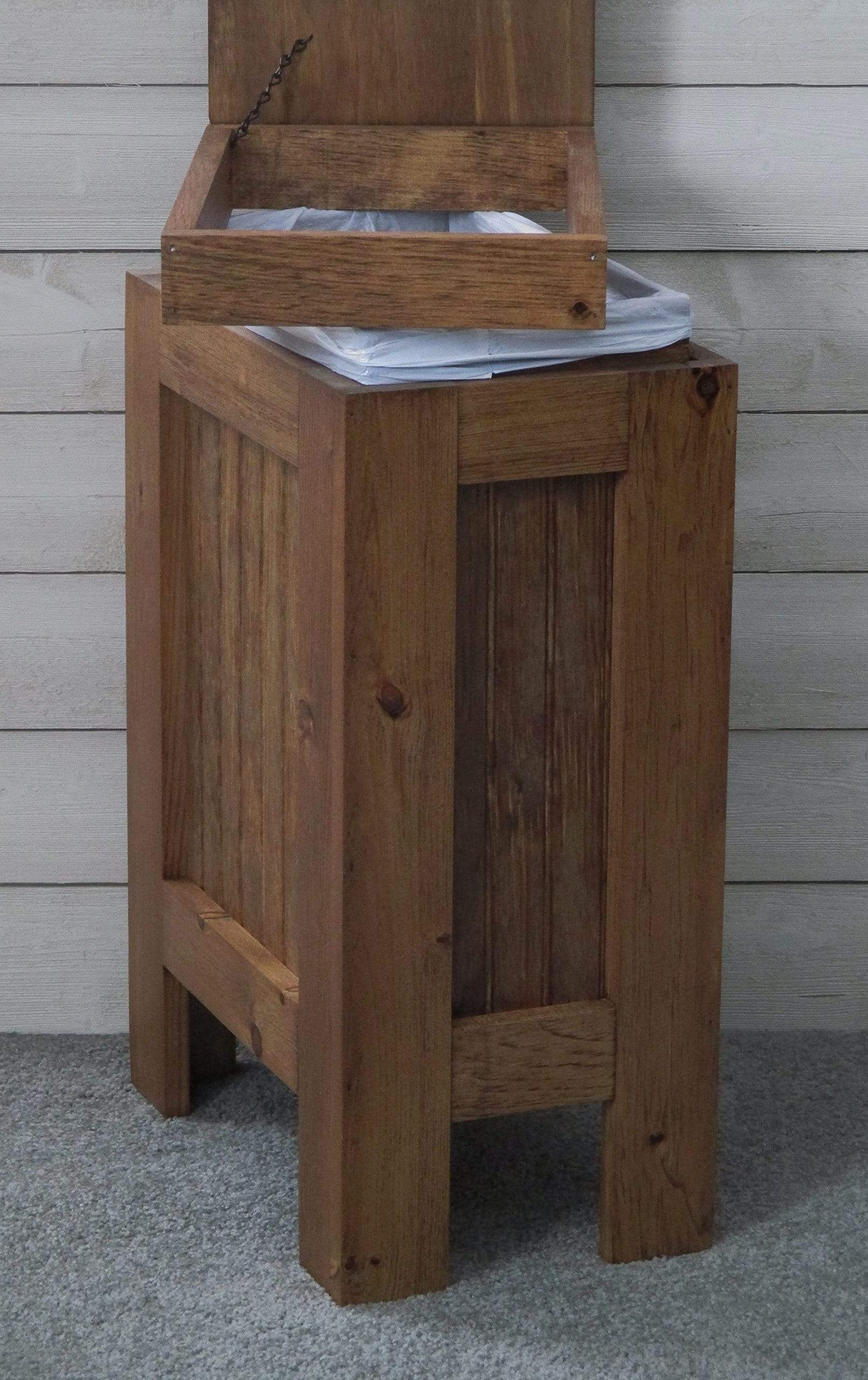 Get wood wooden trash bin kitchen garbage can 13 gallon recycle bin dog food storage early american stain rustic pine metal handle handmade in usa by buffalowoodshop