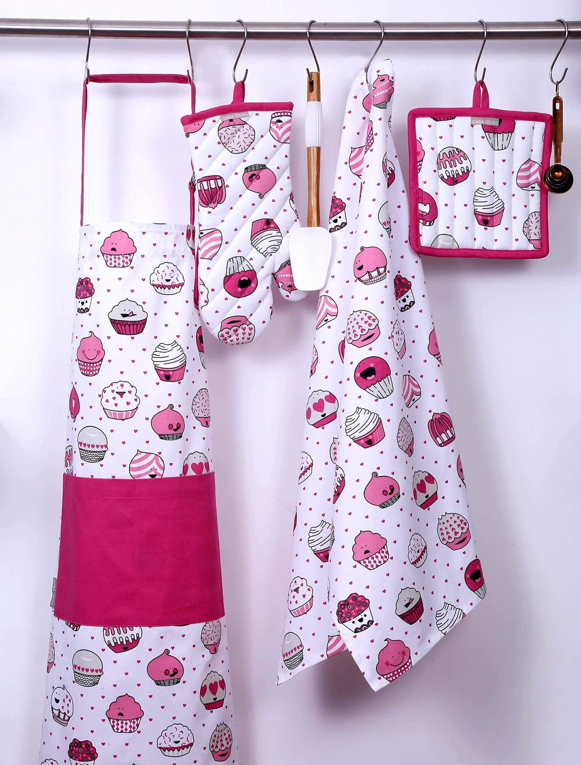 Related casa decors set of apron oven mitt pot holder pair of kitchen towels in a valentine cup cakes design made of 100 cotton eco friendly safe value pack and ideal gift set kitchen linen set