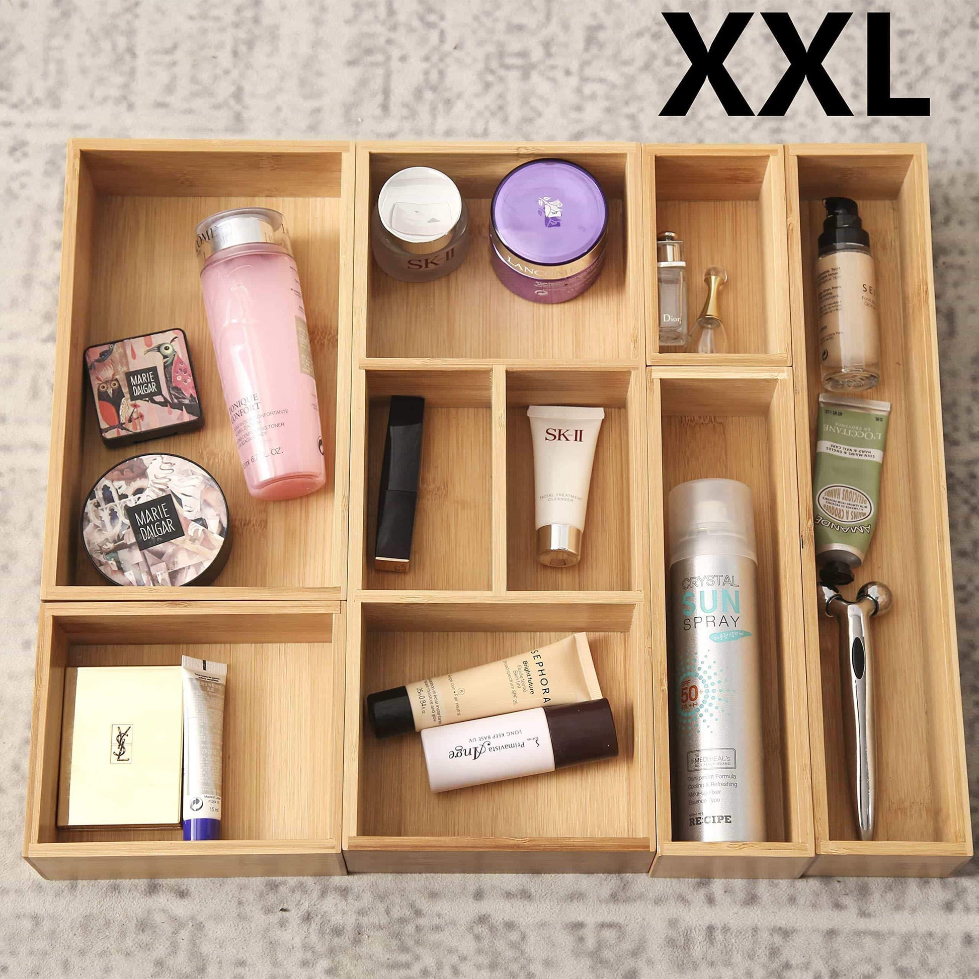 The best xxl set of 6 bamboo drawer storage box desk organizer 9 compartment organization tray holder 100 bamboo drawer divider 18 x 15 x 2 5 for office bathroom bedroom kitchen children room