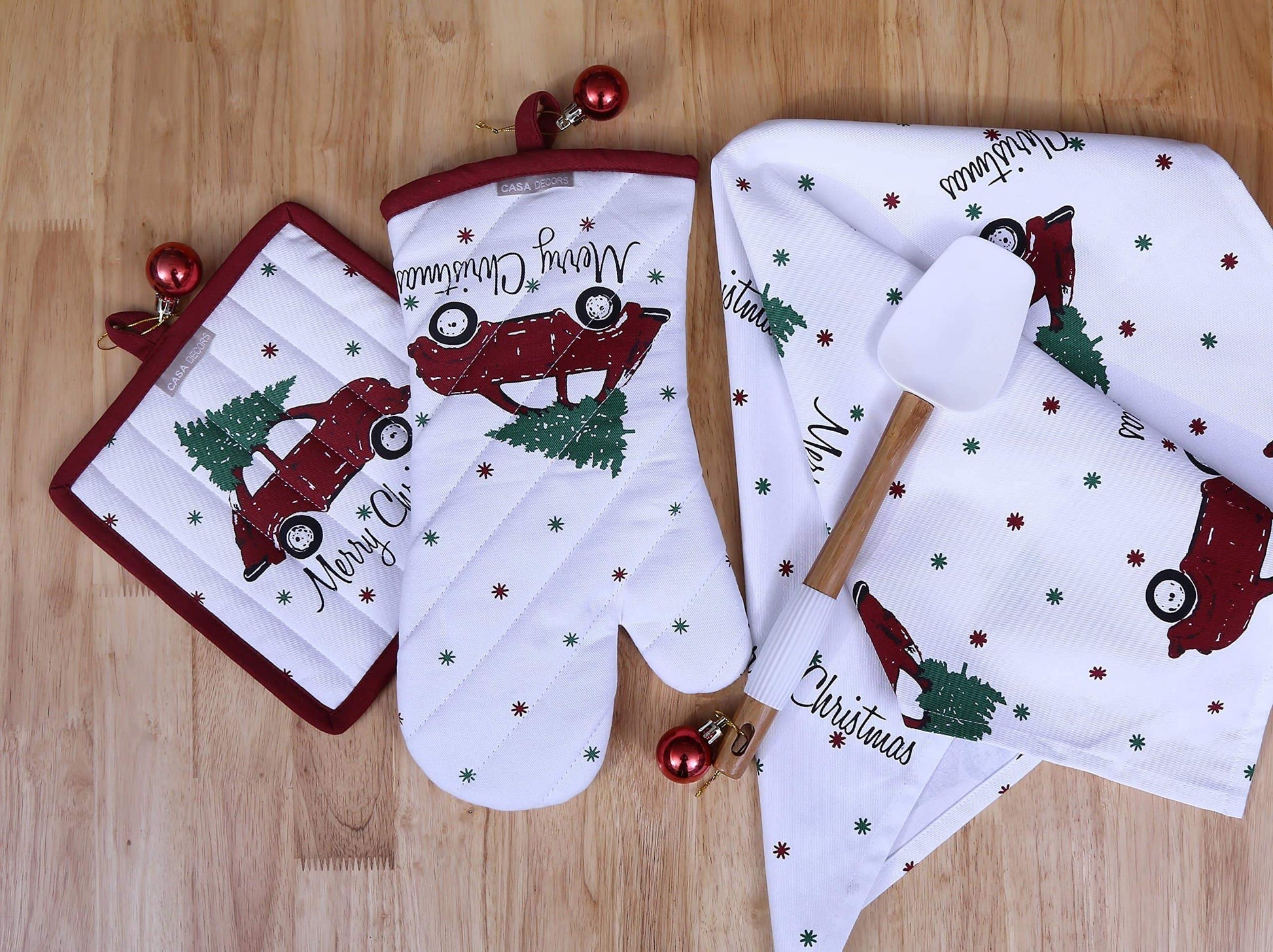 Shop set of apron oven mitt pot holder pair of kitchen towels in a unique merry christmas design made of 100 cotton eco friendly safe value pack and ideal gift set kitchen linen set by casa decors