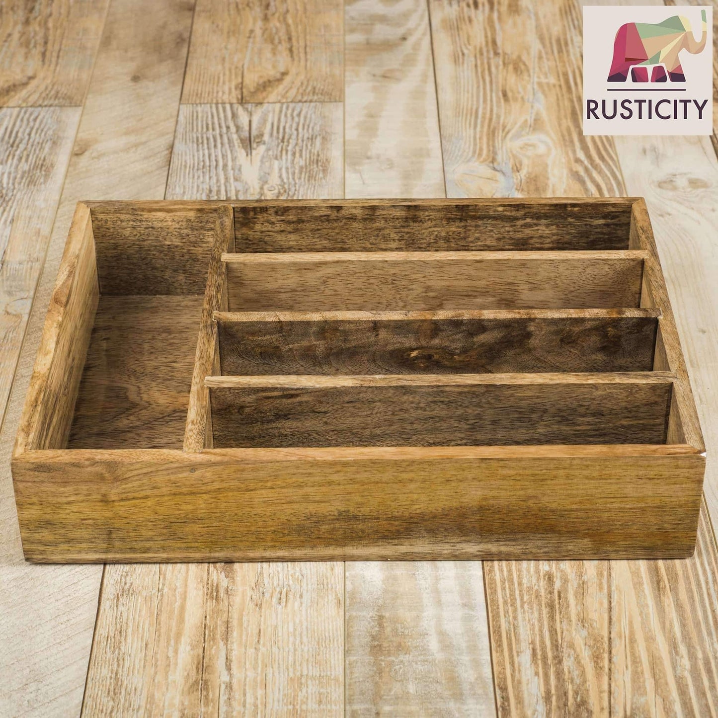 Selection rusticity wooden utensil drawer organizer with 5 compartments kitchen flatware cutlery tray organizer mango wood handmade 13 7 x 10 2 x 2 6 in