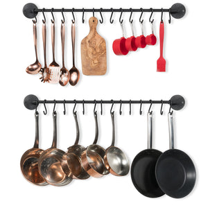 Storage organizer wallniture kitchen pot racks set of 2 wall rails 20 hooks solid iron 33 x 2 x 4 black