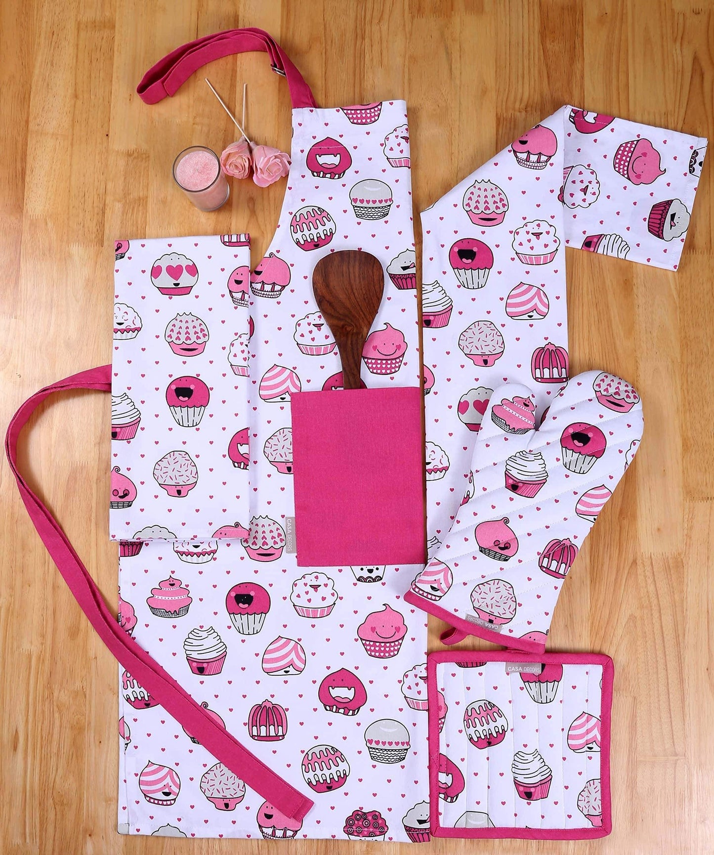 Online shopping casa decors set of apron oven mitt pot holder pair of kitchen towels in a valentine cup cakes design made of 100 cotton eco friendly safe value pack and ideal gift set kitchen linen set