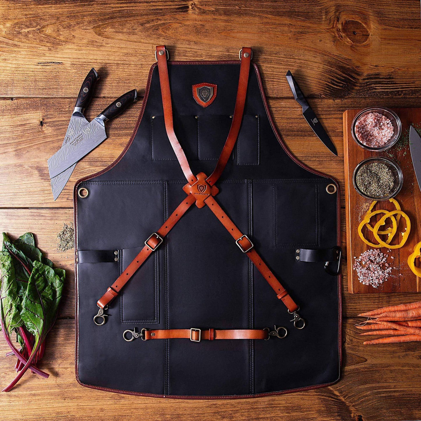 Amazon dalstrong professional chefs kitchen apron the culinary commander top grain leather 5 storage pockets towel tong loop fully adjustable harness straps heavy duty