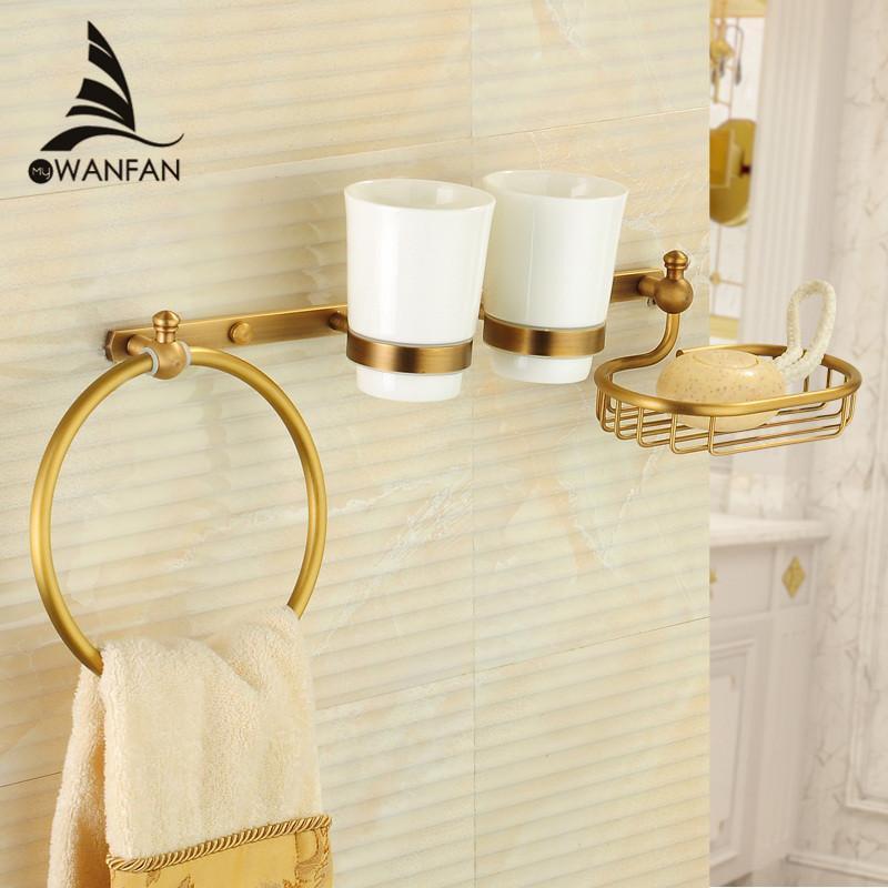 Bathroom Shelves Antique Brass Wall Mount MulitFunction Shower Shelf Towel Ring Hanger 2 Tumble Cup Holder Soap Dish Rack 9217