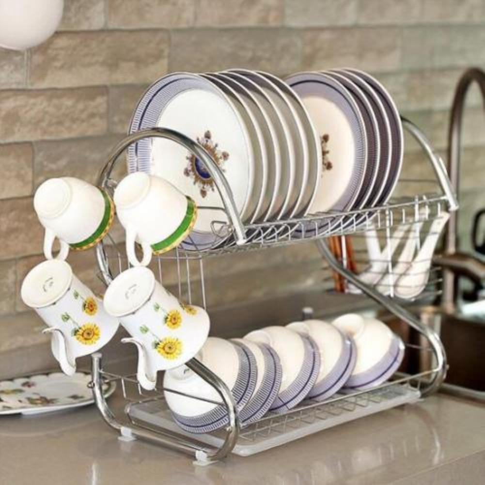 304 Stainless Steel Kitchen Dish Rack 2-Layer Dish Drainer Drying Rack for Plate Cutlery Cup Dish Drainer Sink  Kitchen Storage